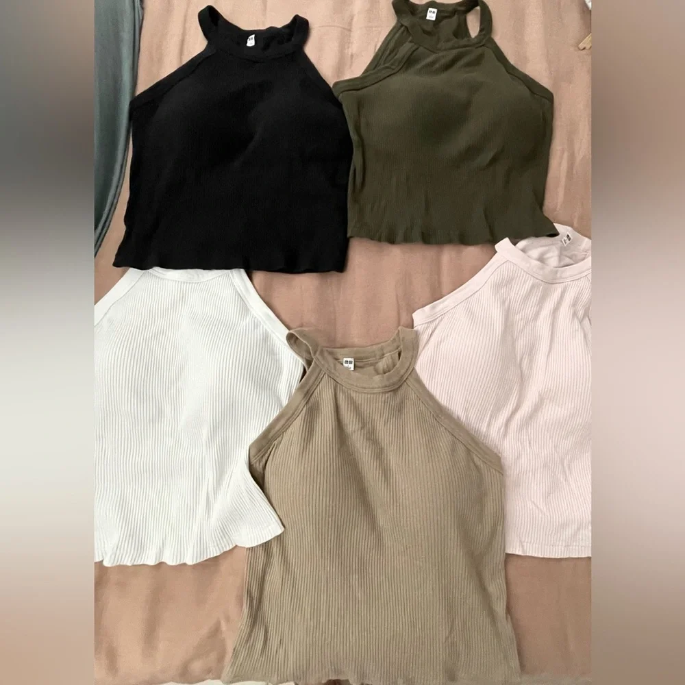 Uniqlo Women's Ribbed Tank built in bra White, Pink,Olive,Tan&black. 5 tops - Picture 4 of 12